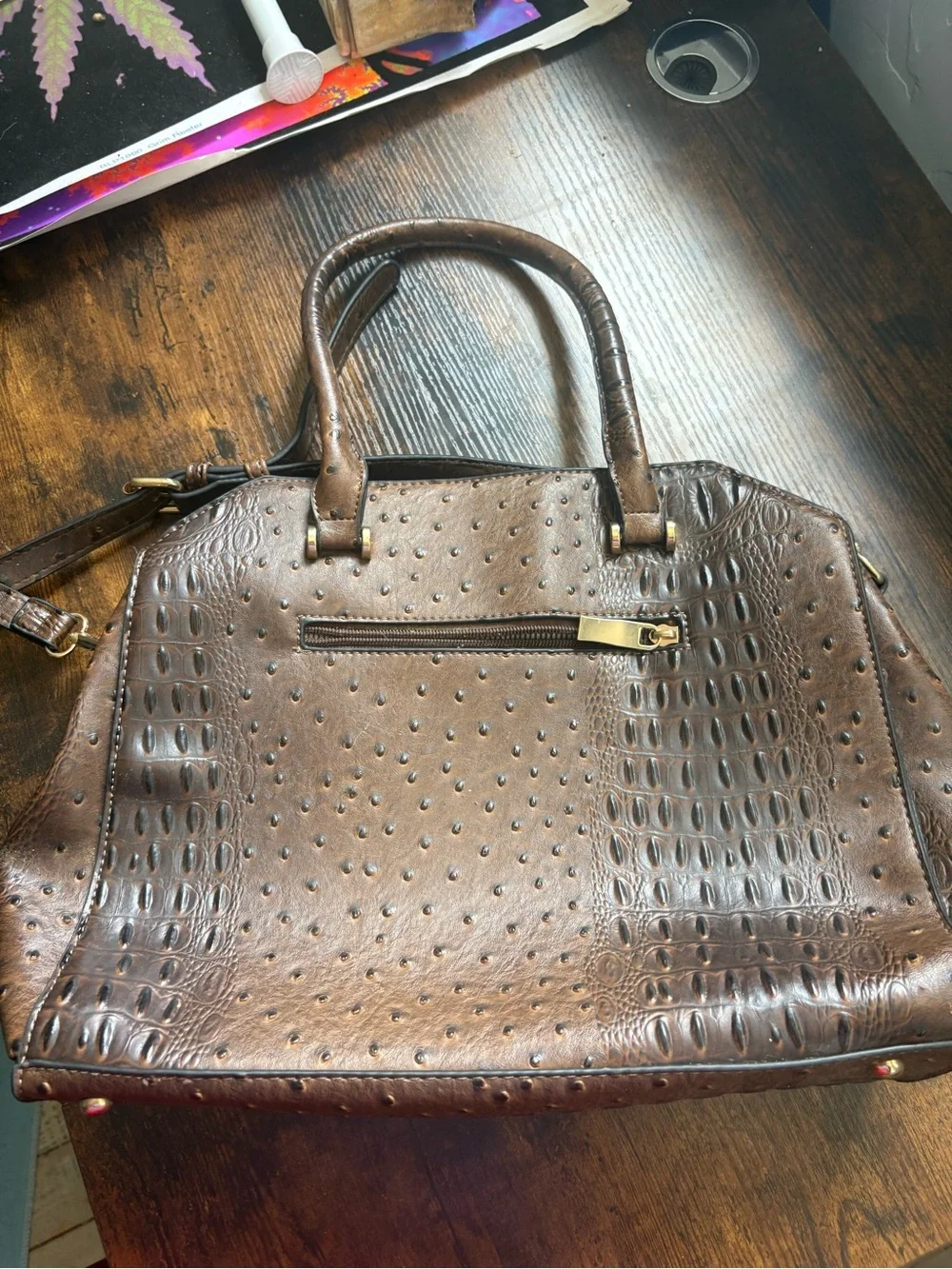 Brown Croc-Embossed Dome Satchel Bag